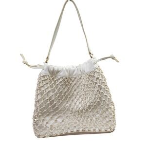 Elizabeth and James Macrame Net Overlay Faux Leather Drawstring Hobo Bag